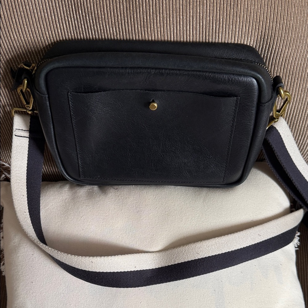 Madewell Black Leather Crossbody Bag with Striped Strap